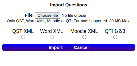 View of the 4 question type input options: QST XML, Word XML, Moodle XML and QTI which can be imported